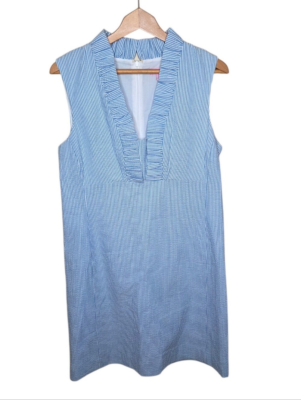 Lilly Pulitzer Blue White Seersucker Striped Adeline Shift Dress Ruffle Collar